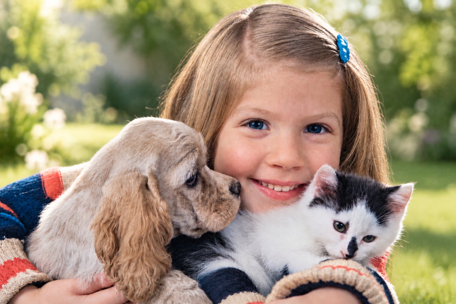 Agustina Spector de niña, abrazada a un cachorro y a un gatito en el jardín