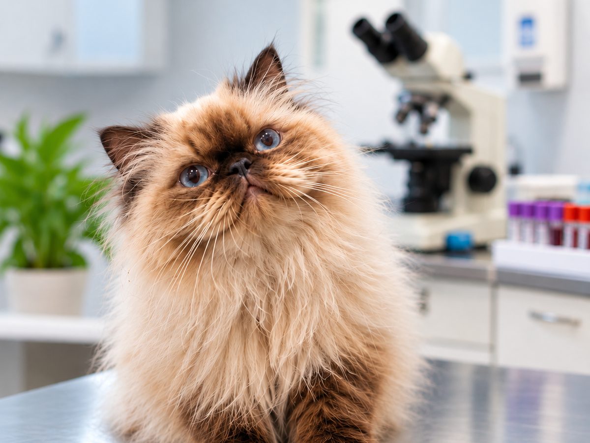 Gato junto a material veterinario de diagnóstico