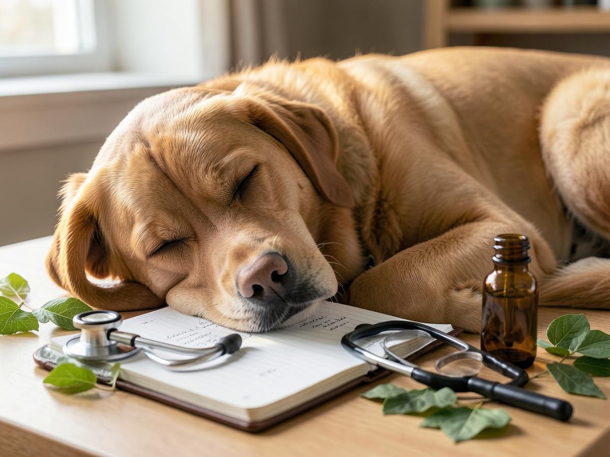 Perro descansando junto a material veterinario y elementos botánicos