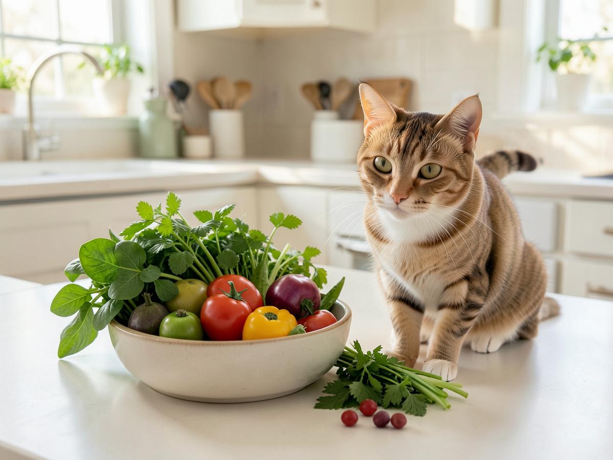 Gato junto a alimentos frescos en una cocina luminosa
