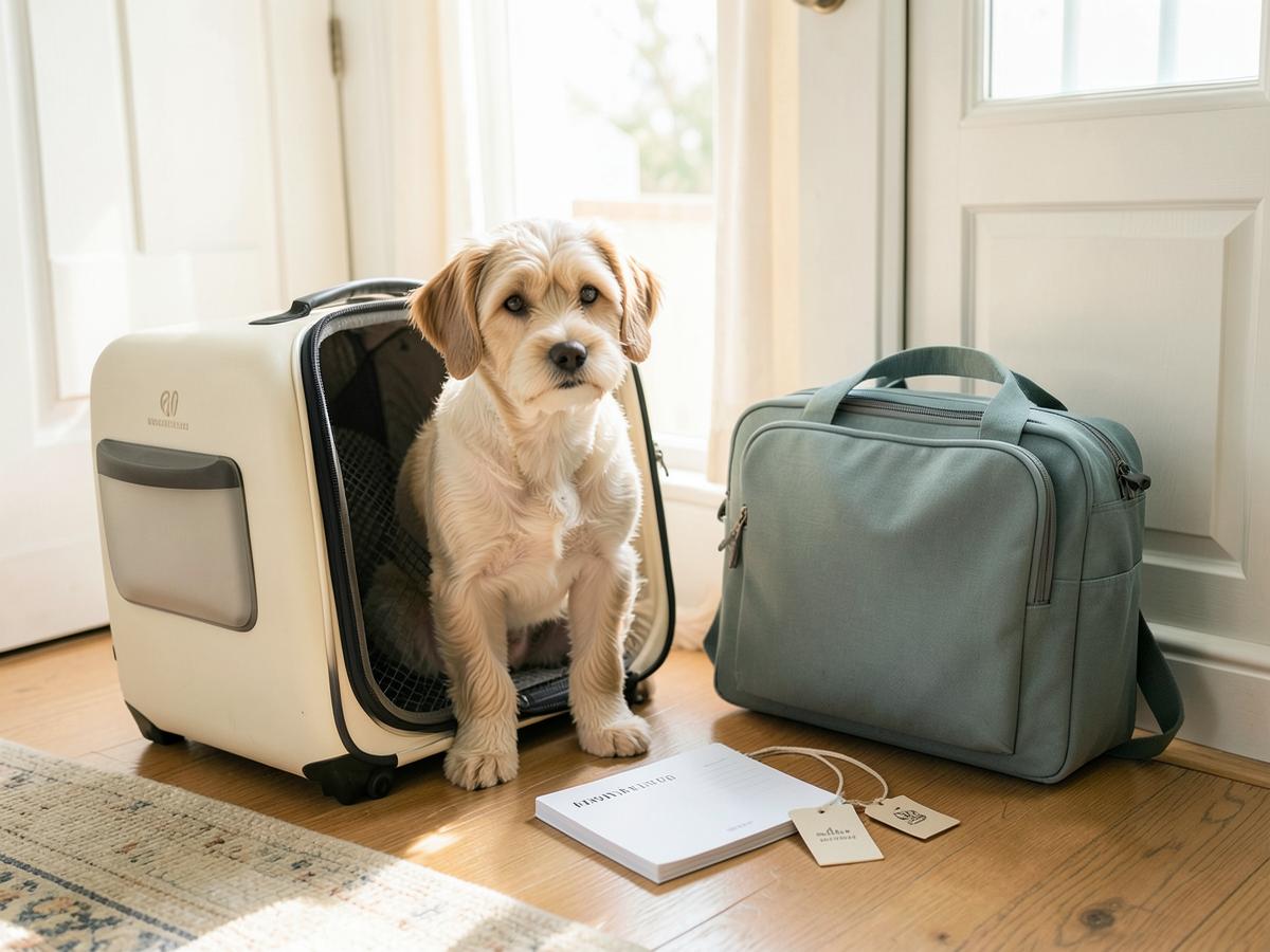 Perro junto a un transportín y equipaje de viaje